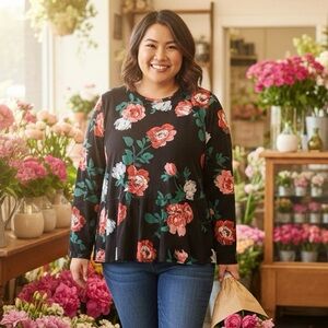 Black Floral Long Sleeve Top